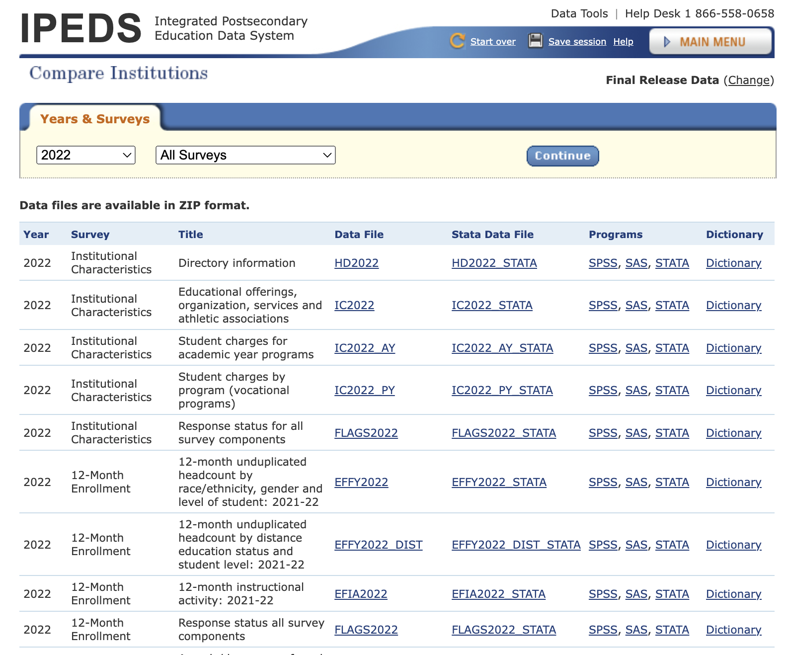 Picture of table of IPEDS files for 2022